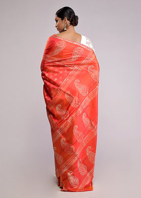 Orange Printed Pure Silk Saree Without Blouse Piece
