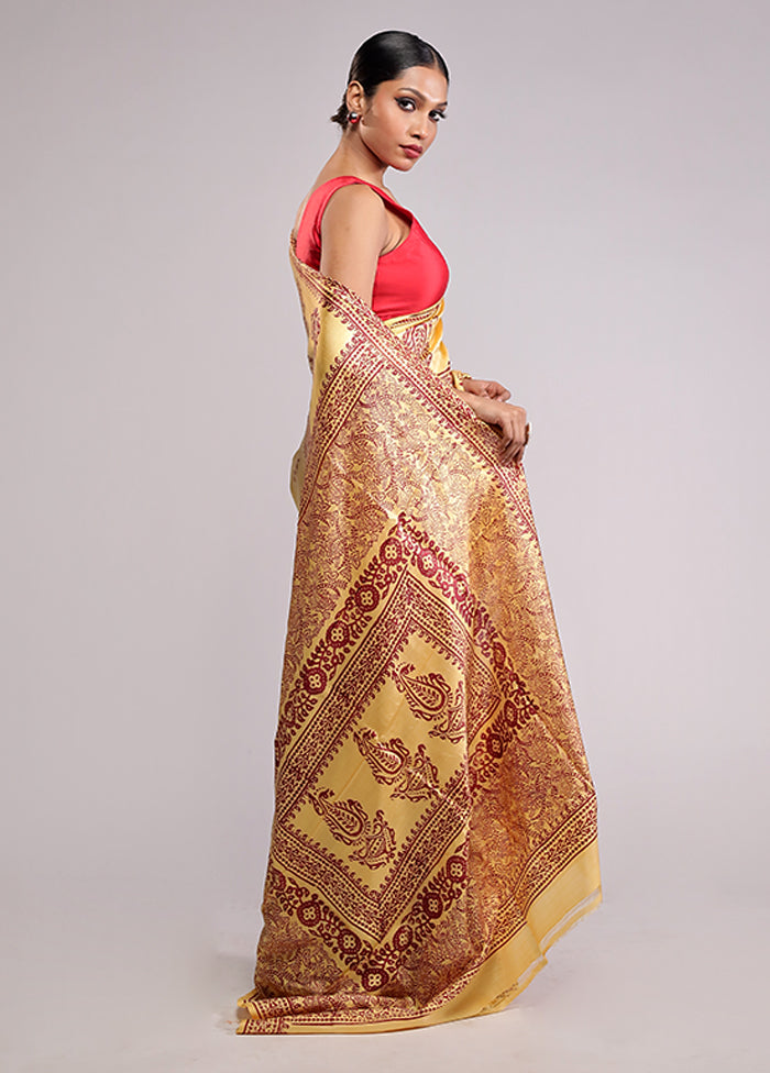 Yellow Printed Pure Silk Saree Without Blouse Piece