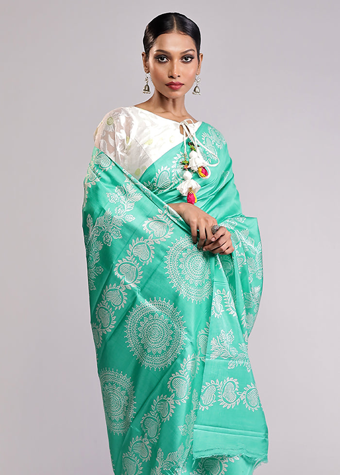 Green Printed Pure Silk Saree Without Blouse Piece