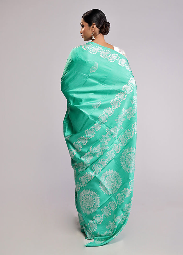 Green Printed Pure Silk Saree Without Blouse Piece