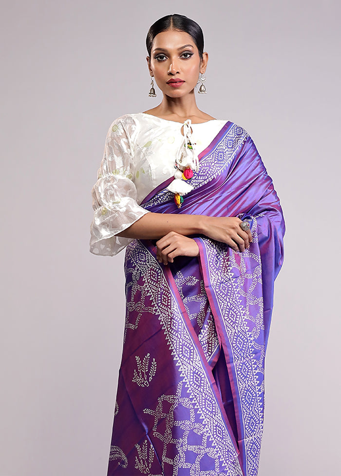 Purple Printed Pure Silk Saree Without Blouse Piece