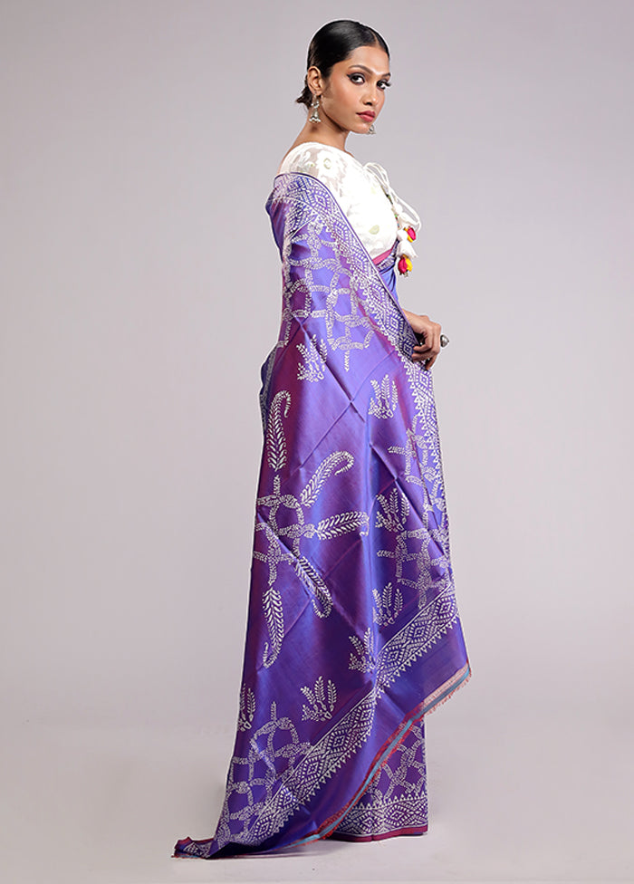 Purple Printed Pure Silk Saree Without Blouse Piece