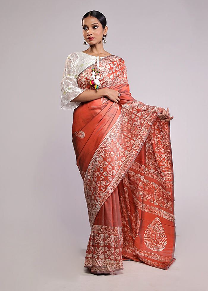 Orange Printed Pure Silk Saree Without Blouse Piece