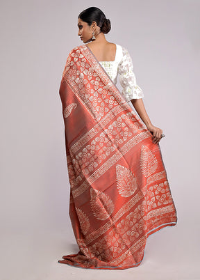 Orange Printed Pure Silk Saree Without Blouse Piece