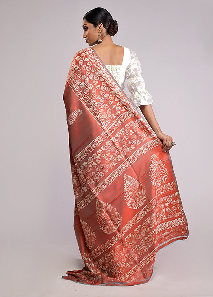 Orange Printed Pure Silk Saree Without Blouse Piece
