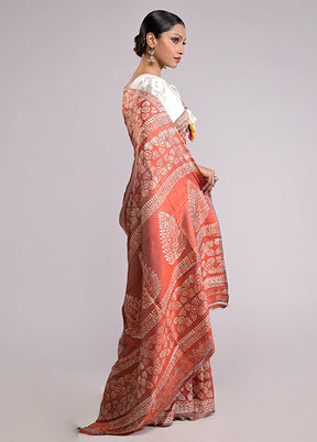 Orange Printed Pure Silk Saree Without Blouse Piece