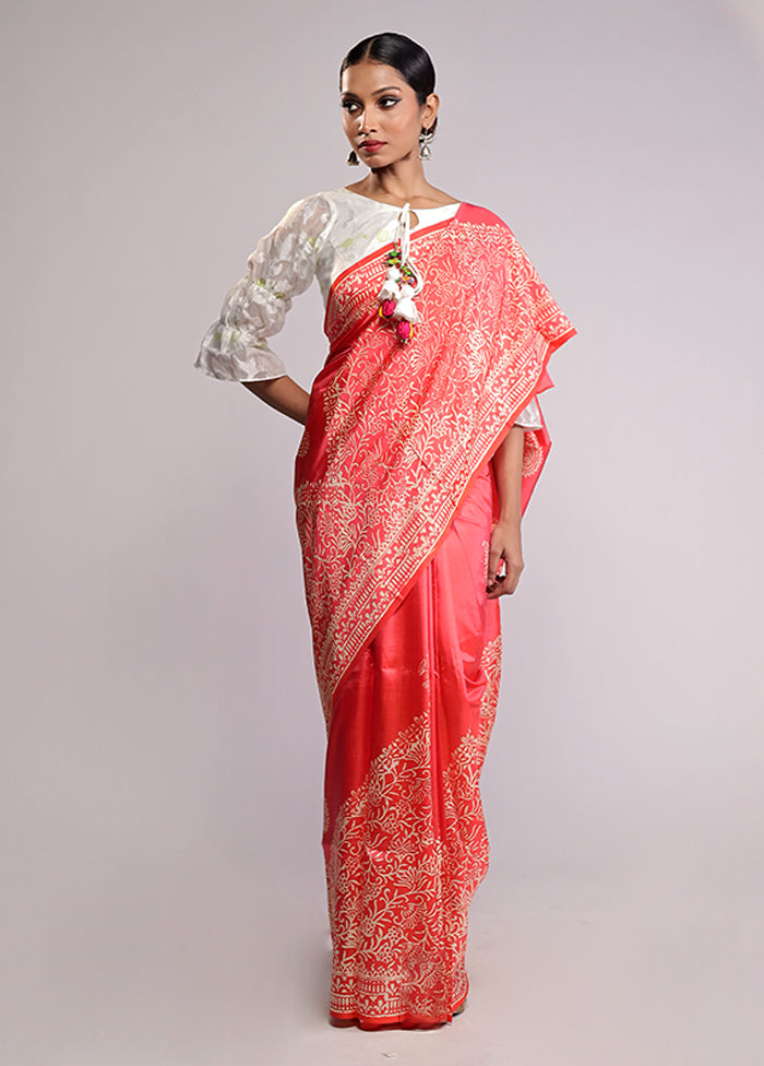 Pink Printed Pure Silk Saree Without Blouse Piece