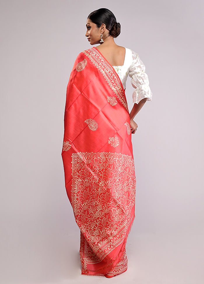 Pink Printed Pure Silk Saree Without Blouse Piece