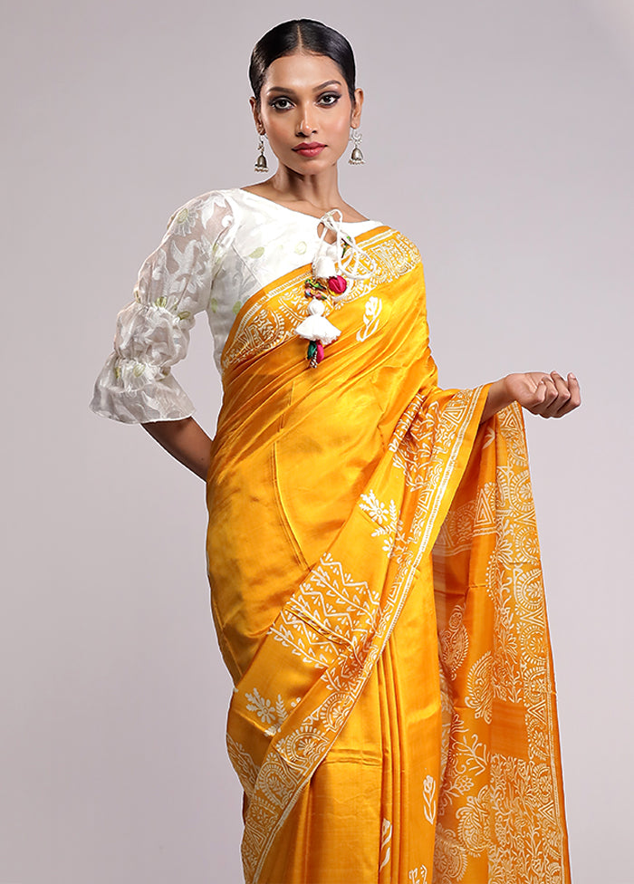 Yellow Printed Pure Silk Saree Without Blouse Piece