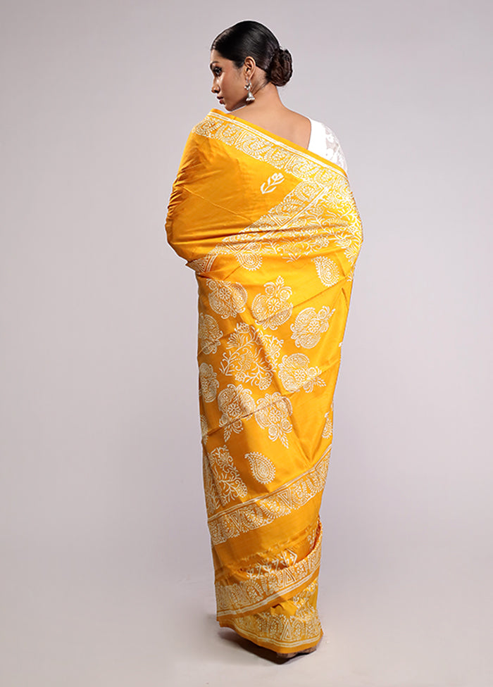Yellow Printed Pure Silk Saree Without Blouse Piece