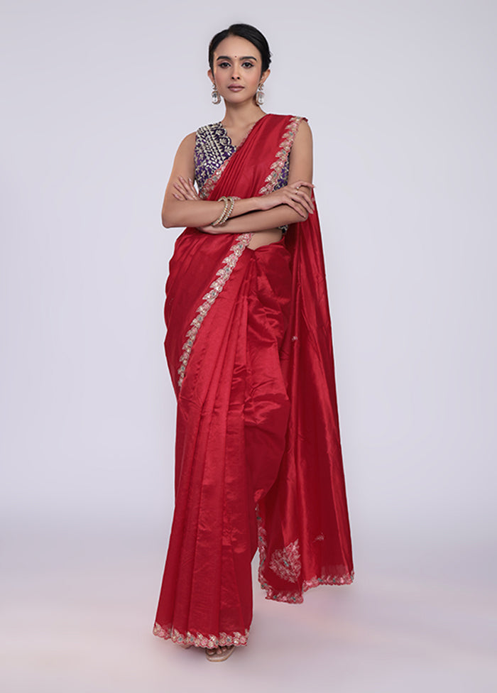 Red Handloom Tussar Pure Silk Saree With Blouse Piece