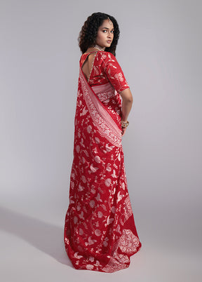 Red Handloom Pure Khaddi Georgette Saree With Blouse Piece