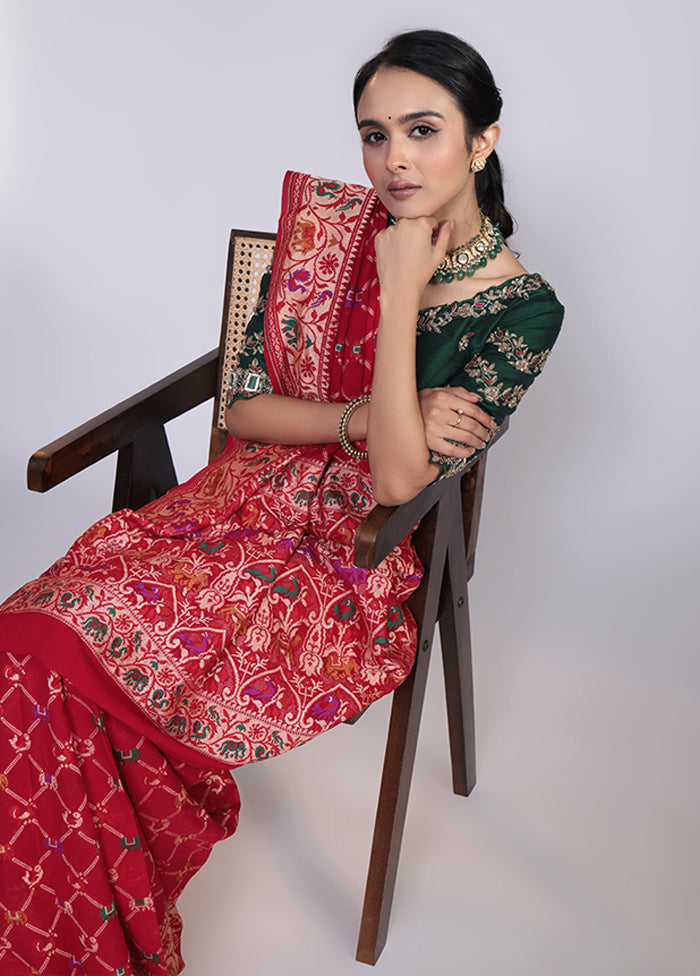 Red Handloom Pure Georgette Saree With Blouse Piece