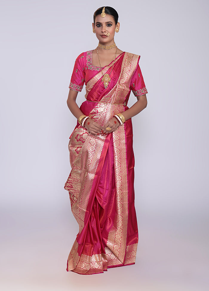 Pink Handloom Banarasi Pure Silk Saree With Blouse Piece
