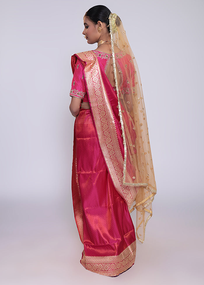 Pink Handloom Banarasi Pure Silk Saree With Blouse Piece