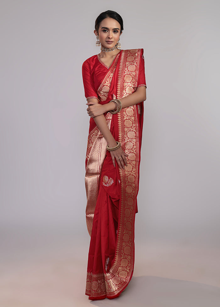 Red Handloom Katan Pure Silk Saree With Blouse Piece