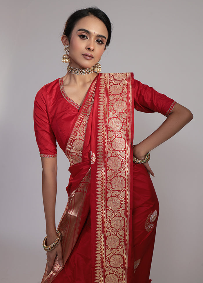 Red Handloom Katan Pure Silk Saree With Blouse Piece