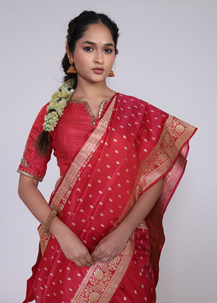 Red Handloom Banarasi Pure Silk Saree With Blouse Piece