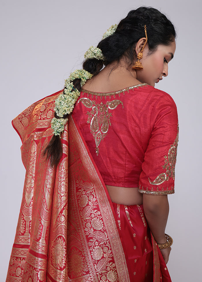 Red Handloom Banarasi Pure Silk Saree With Blouse Piece