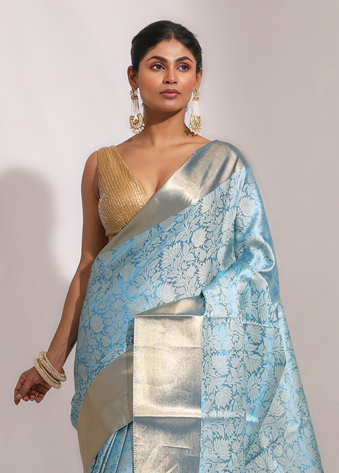 Blue Tissue Silk Saree With Blouse Piece