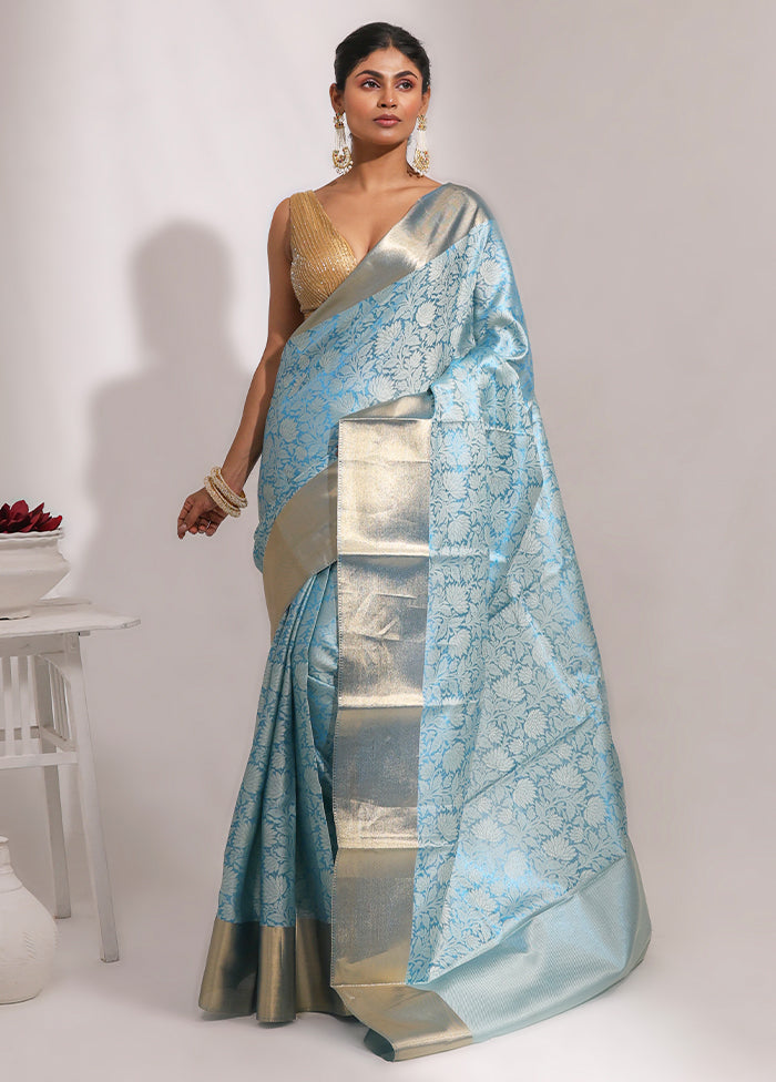 Blue Tissue Silk Saree With Blouse Piece