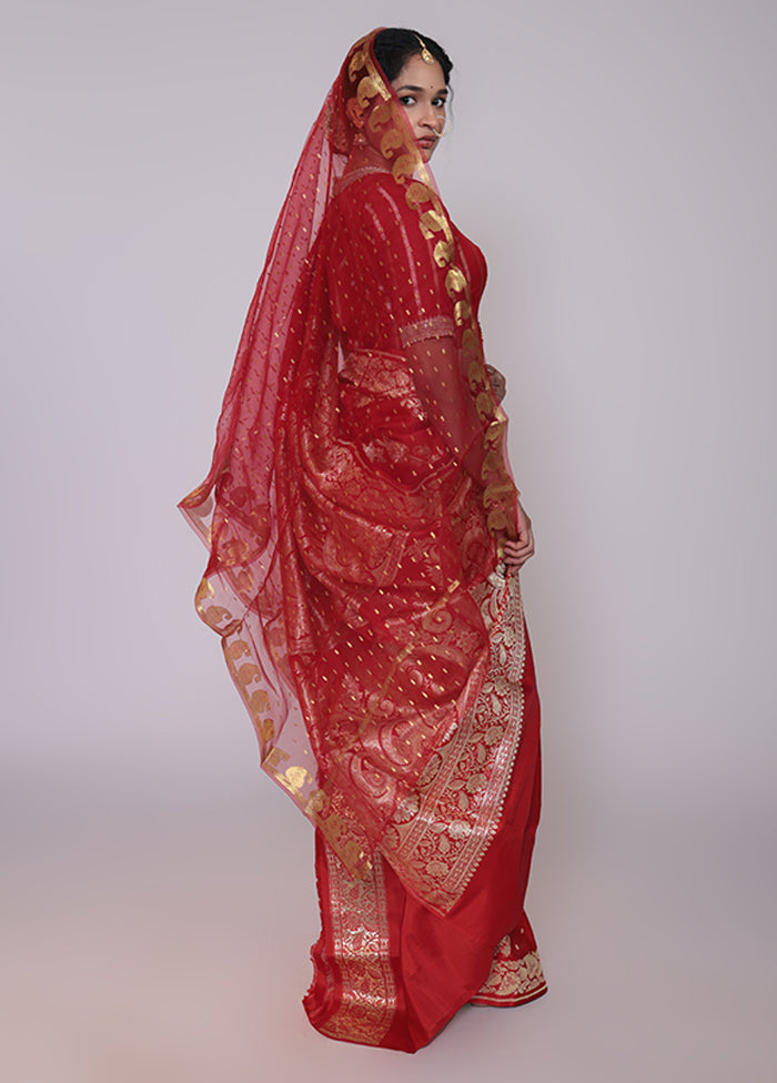 Red Handloom Banarasi Pure Silk Saree With Blouse Piece