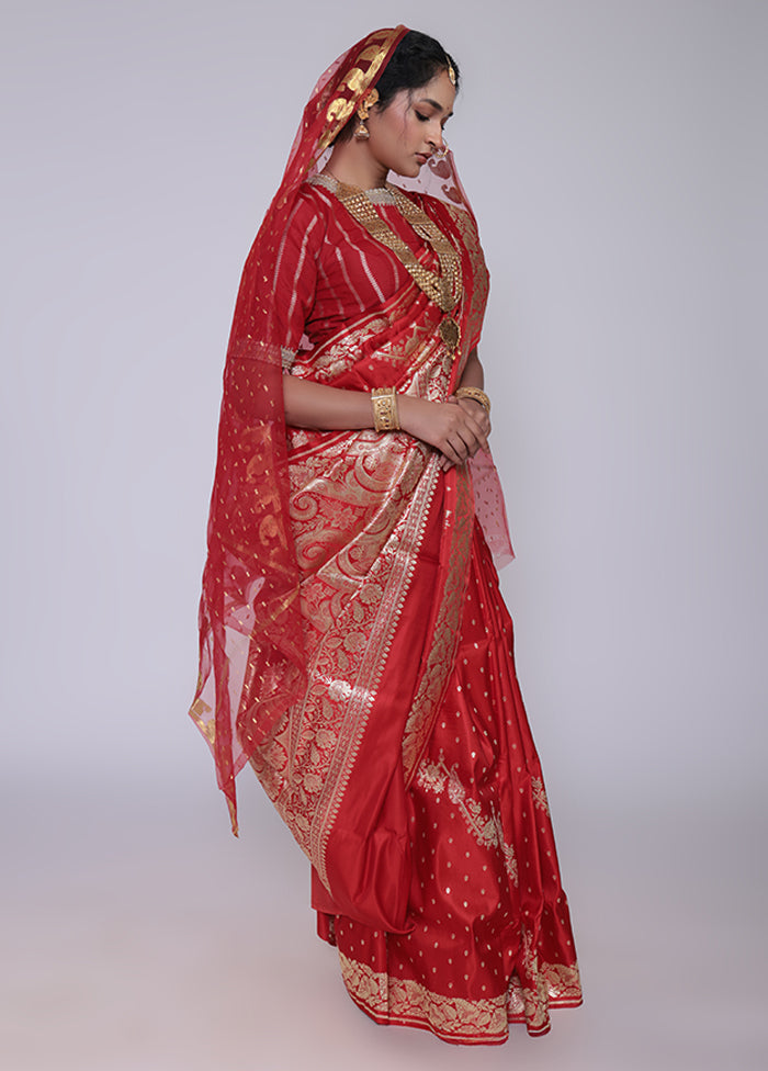 Red Handloom Banarasi Pure Silk Saree With Blouse Piece