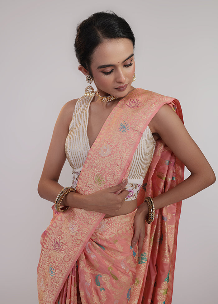 Peach Handloom Katan Pure Silk Saree With Blouse Piece