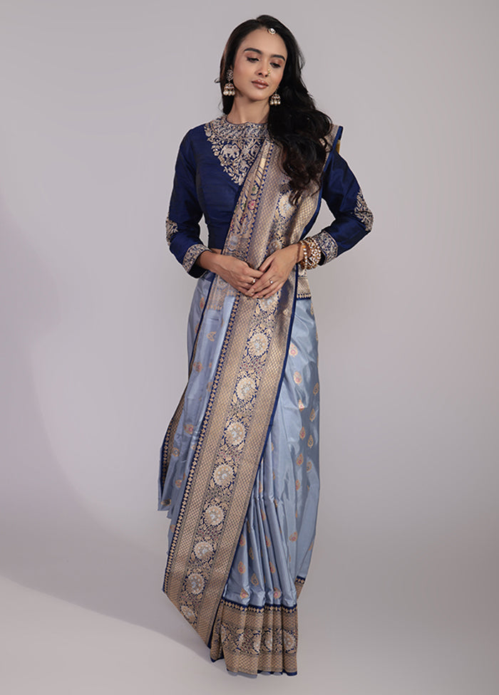 Blue Handloom Katan Pure Silk Saree With Blouse Piece