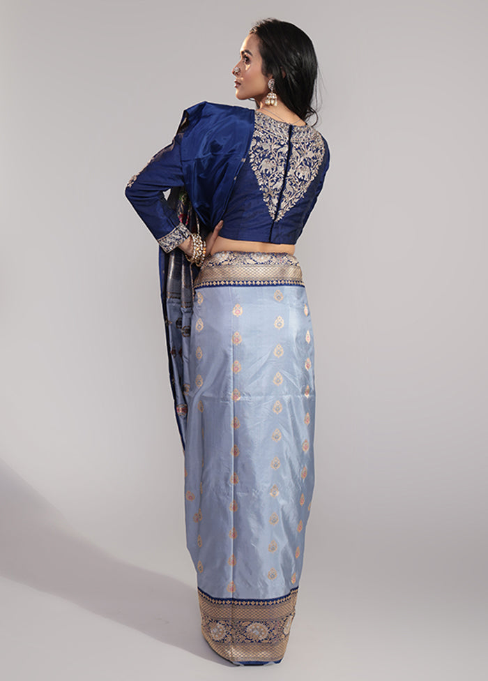 Blue Handloom Katan Pure Silk Saree With Blouse Piece