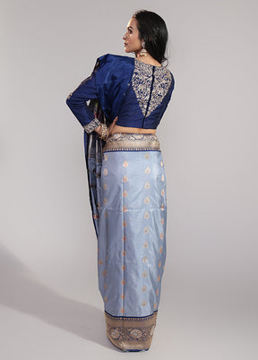 Blue Handloom Katan Pure Silk Saree With Blouse Piece