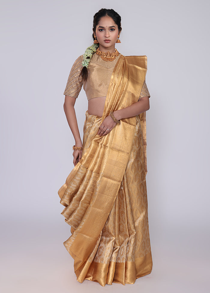 Gold Handloom Kanchipuram Pure Silk Saree With Blouse Piece