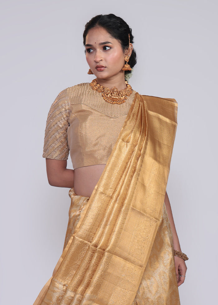 Gold Handloom Kanchipuram Pure Silk Saree With Blouse Piece
