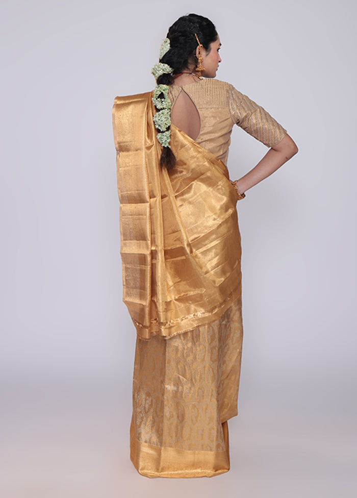 Gold Handloom Kanchipuram Pure Silk Saree With Blouse Piece