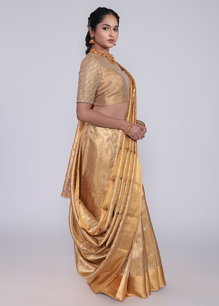Gold Handloom Kanchipuram Pure Silk Saree With Blouse Piece