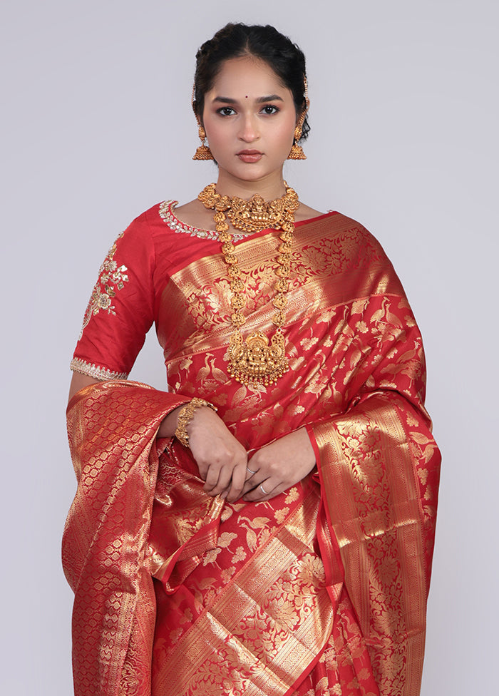 Red Handloom Kanchipuram Pure Silk Saree With Blouse Piece