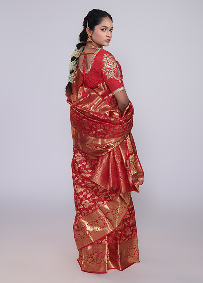 Red Handloom Kanchipuram Pure Silk Saree With Blouse Piece
