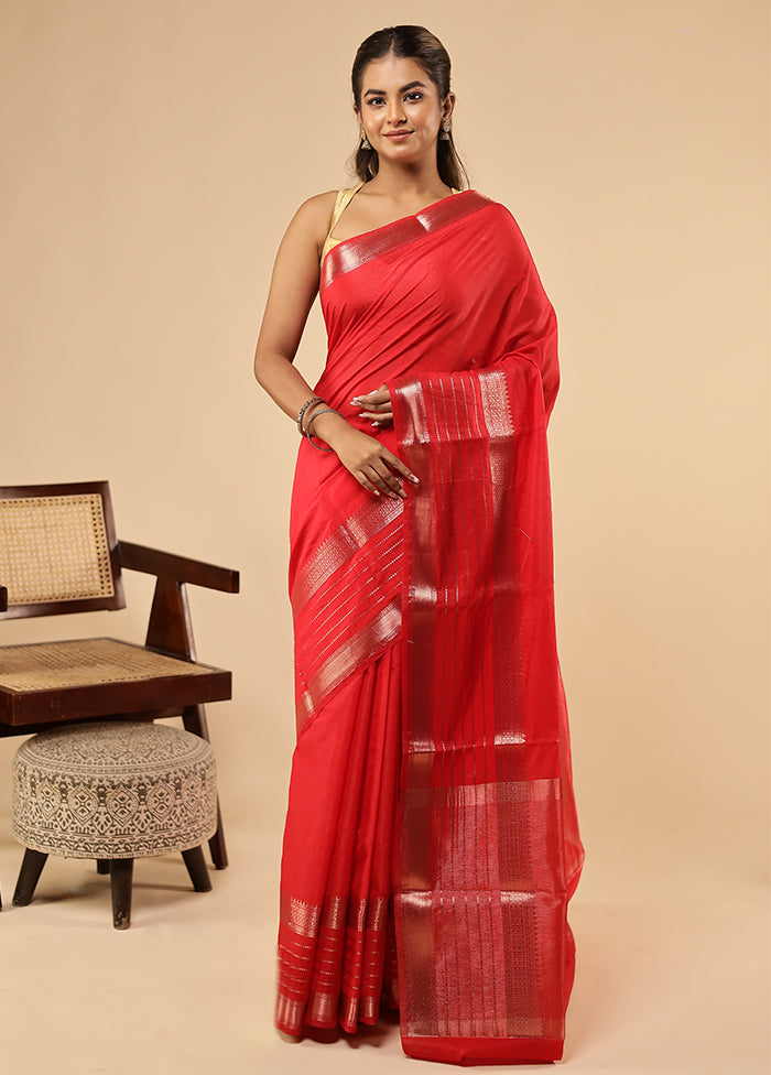 Red Dupion Silk Saree With Blouse Piece