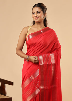 Red Dupion Silk Saree With Blouse Piece