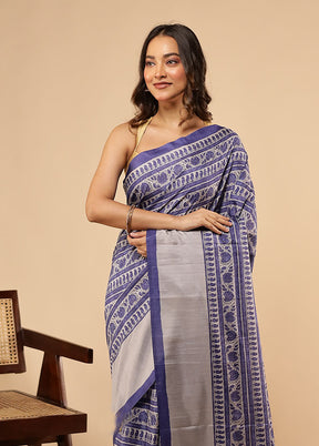 Blue Tussar Silk Saree With Blouse Piece