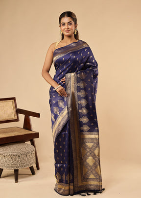 Blue Dupion Silk Saree With Blouse Piece