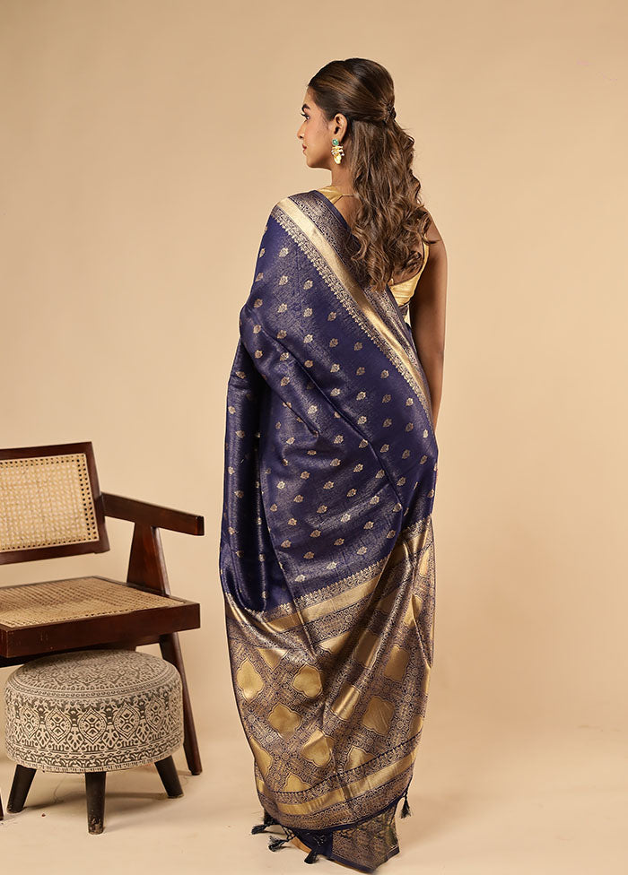 Blue Dupion Silk Saree With Blouse Piece