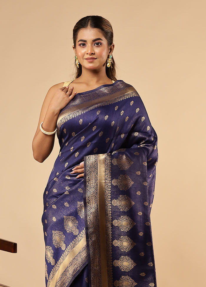 Blue Dupion Silk Saree With Blouse Piece