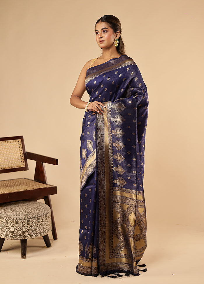 Blue Dupion Silk Saree With Blouse Piece