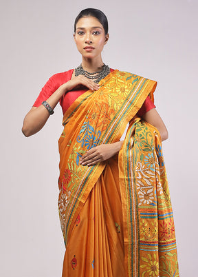 Yellow Kantha Stitch Silk Saree With Blouse Piece