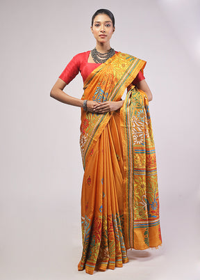 Yellow Kantha Stitch Silk Saree With Blouse Piece
