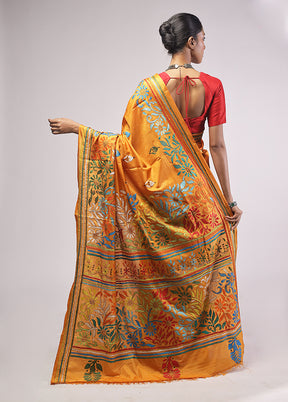 Yellow Kantha Stitch Silk Saree With Blouse Piece