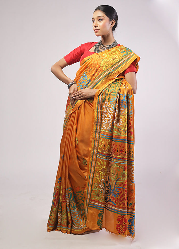 Yellow Kantha Stitch Silk Saree With Blouse Piece