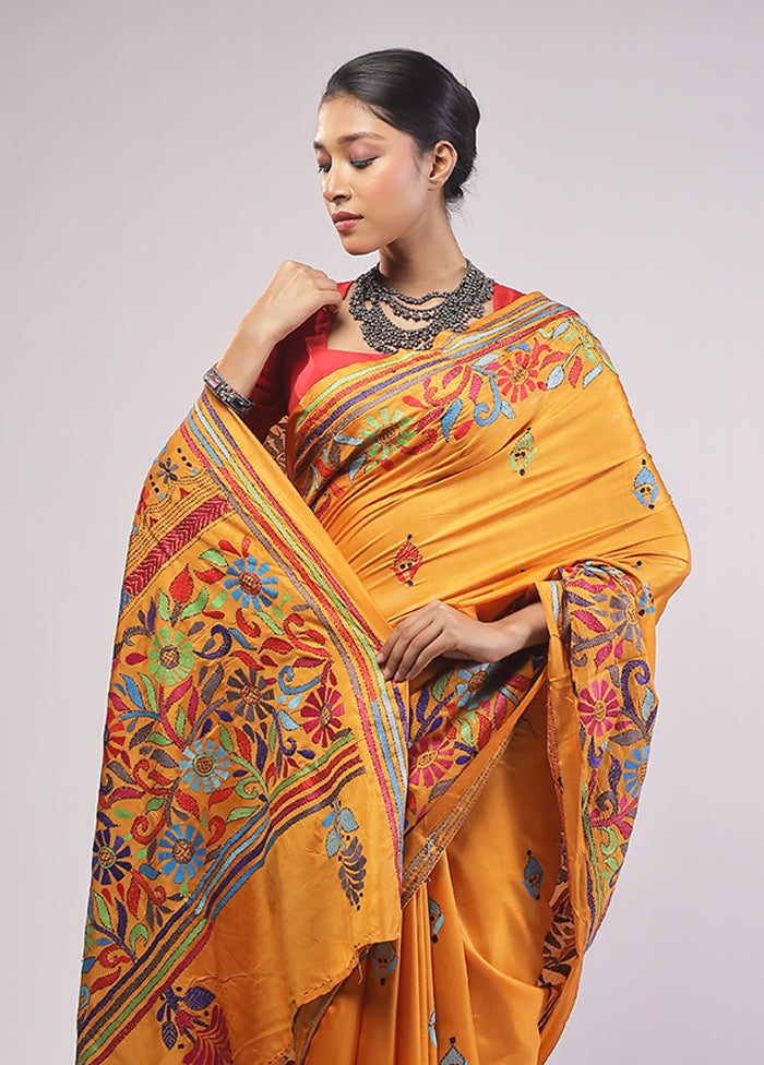 Yellow Kantha Stitch Silk Saree With Blouse Piece