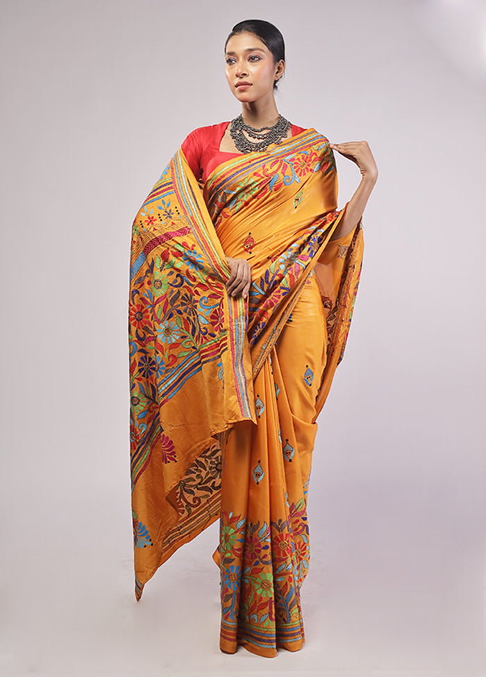 Yellow Kantha Stitch Silk Saree With Blouse Piece
